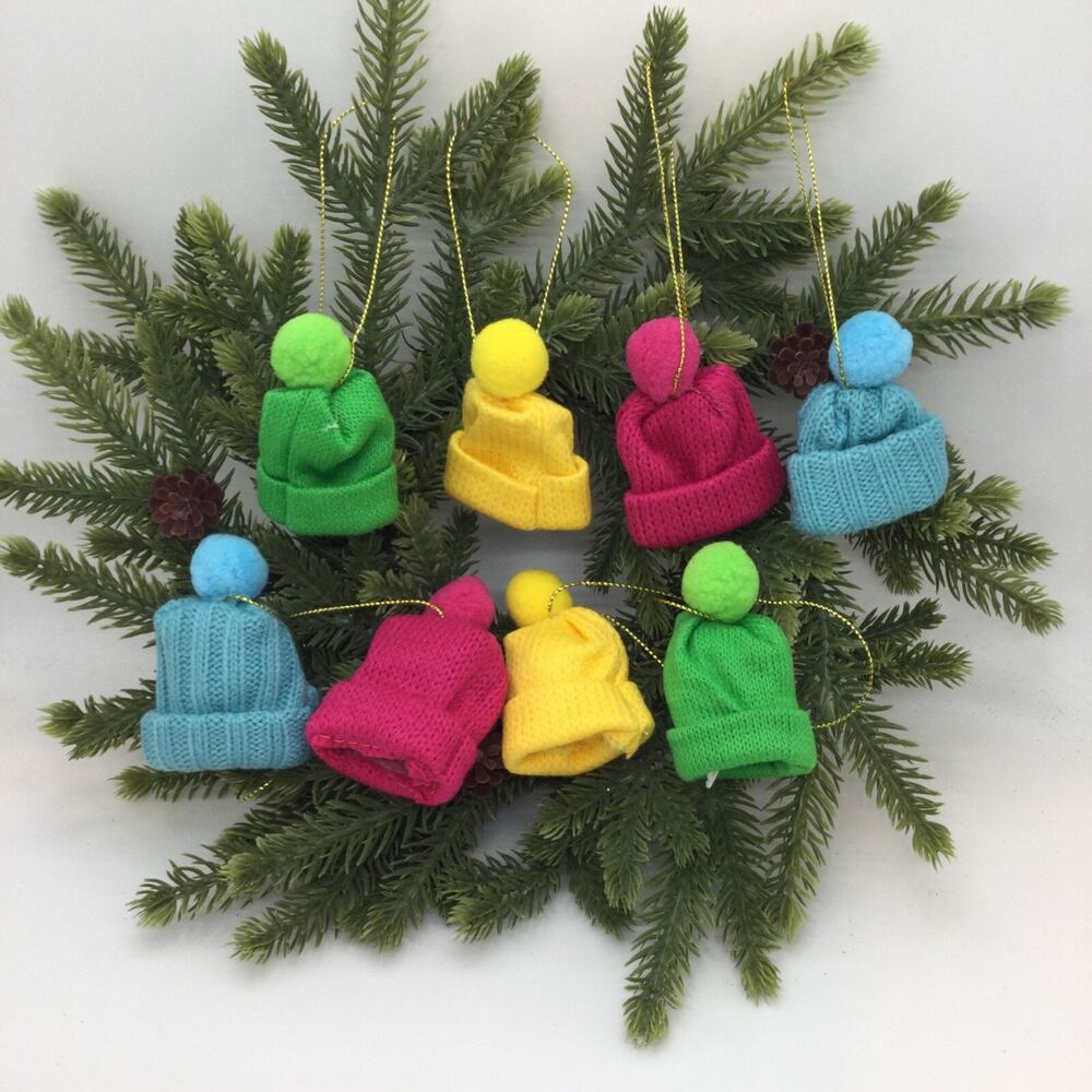 Knit Hat Toboggan Set/8 MINI TREE Ornaments Christmas Rainbow Colors New